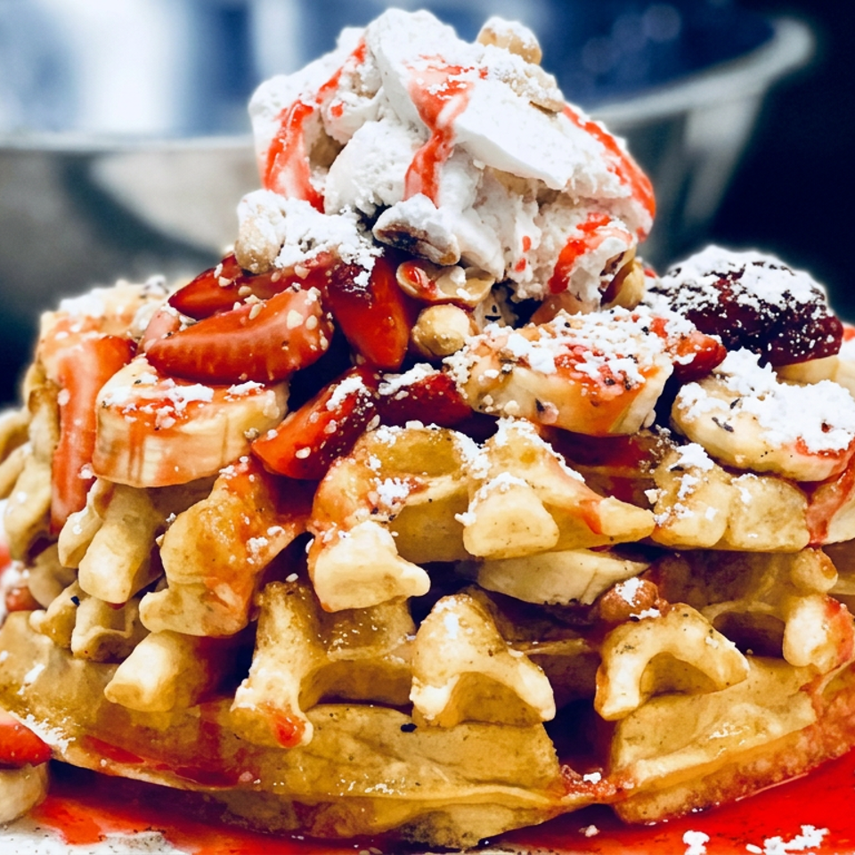 Stacked waffle topped with strawberries, bananas, nuts, whipped cream, powdered sugar, and red syrup on a white plate.