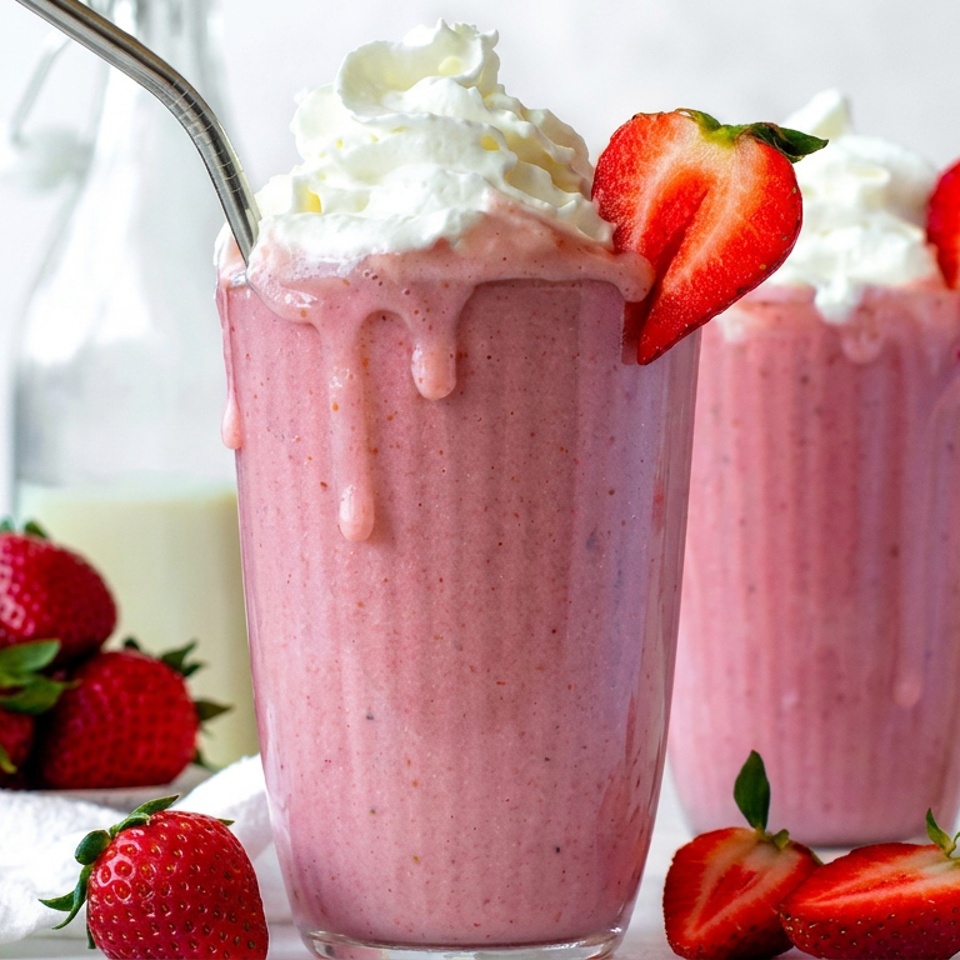 Two pink strawberry smoothies topped with whipped cream and sliced strawberries, surrounded by fresh strawberries.