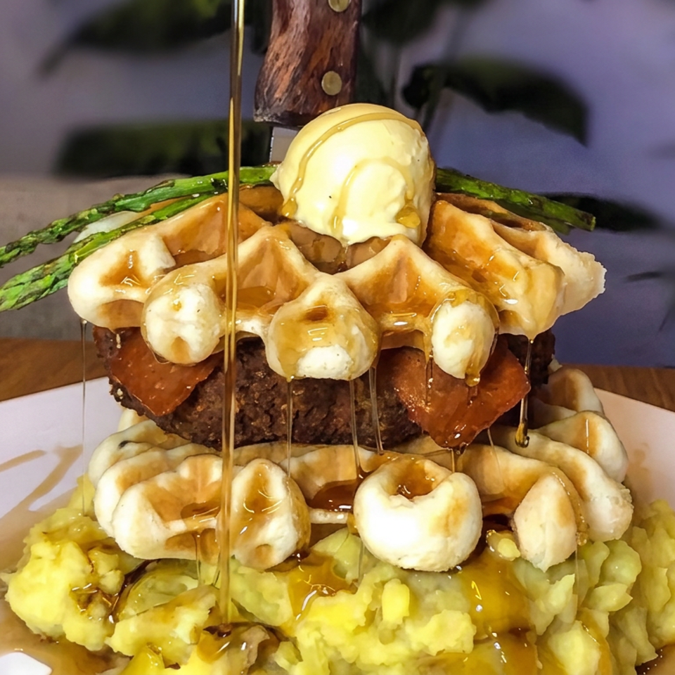 Towering beef burger layered with waffles, mashed potatoes, asparagus, ice cream, and syrup on a white plate.
