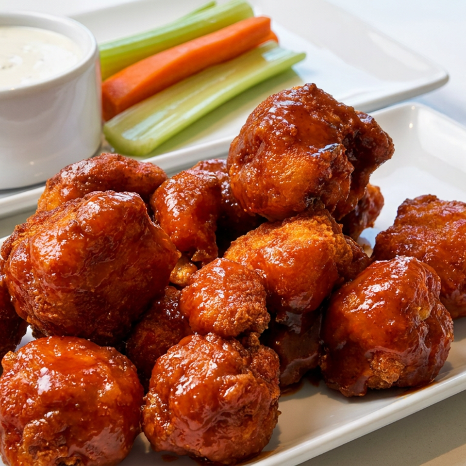 Plate of glossy buffalo chicken bites served with ranch dipping sauce and celery and carrot sticks.