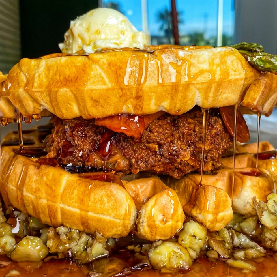 Towering glazed brioche sandwich with fried chicken, syrup, ice cream, and fried sides on a white plate.